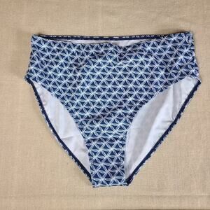 NWOT Blooming Jelly Swimsuit Bottoms Blue White Geo High Waisted Size L